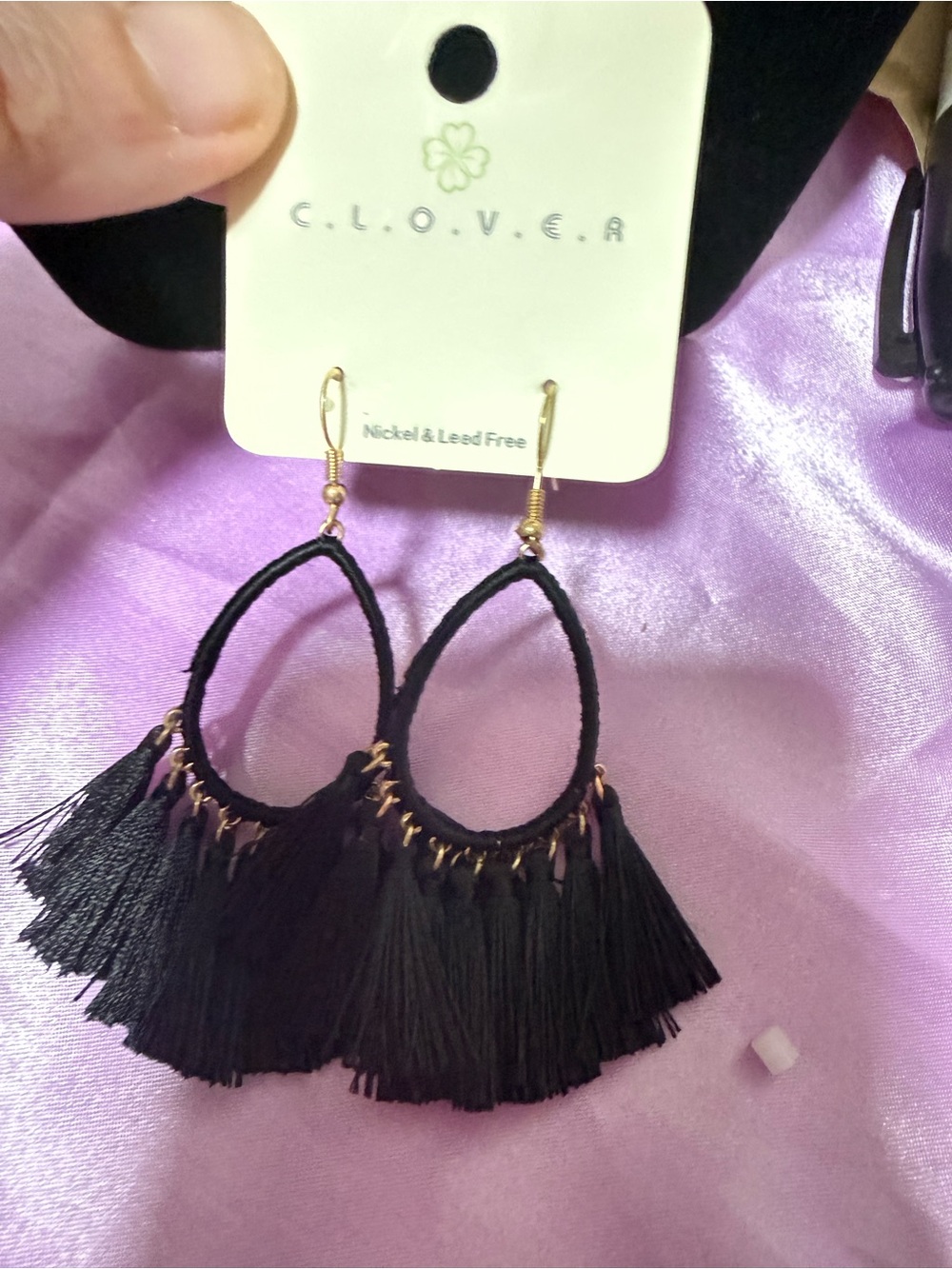 Clover Black Tassel oval earrings. Boho